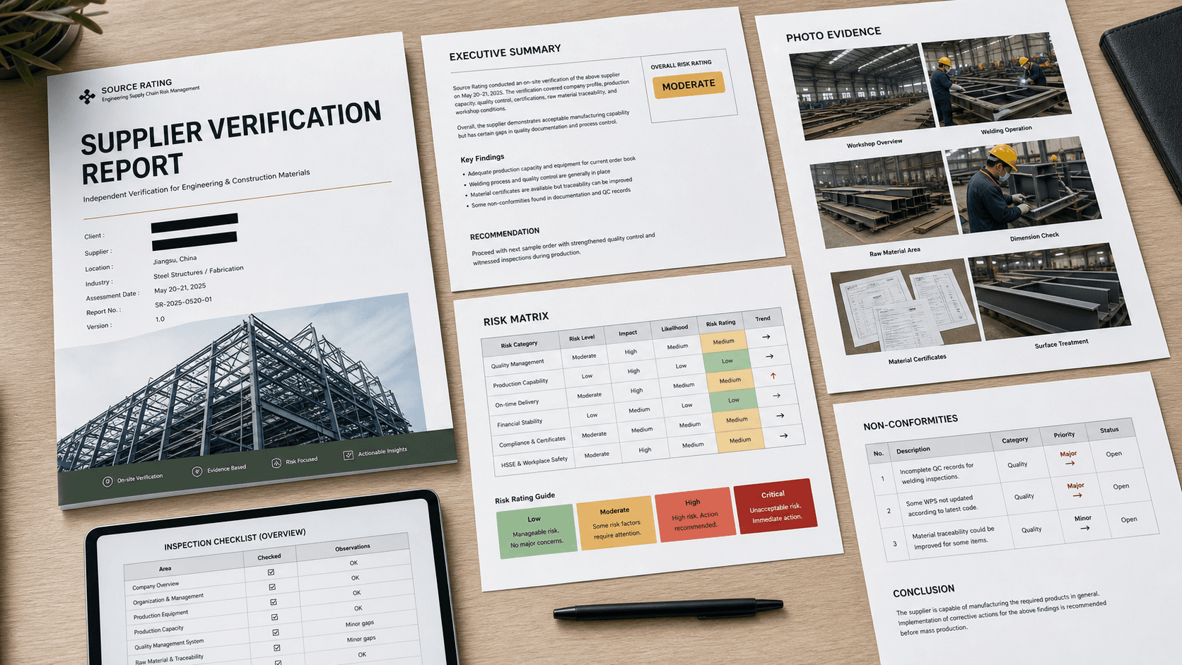 Anonymized engineering supplier verification report mockup on a desk