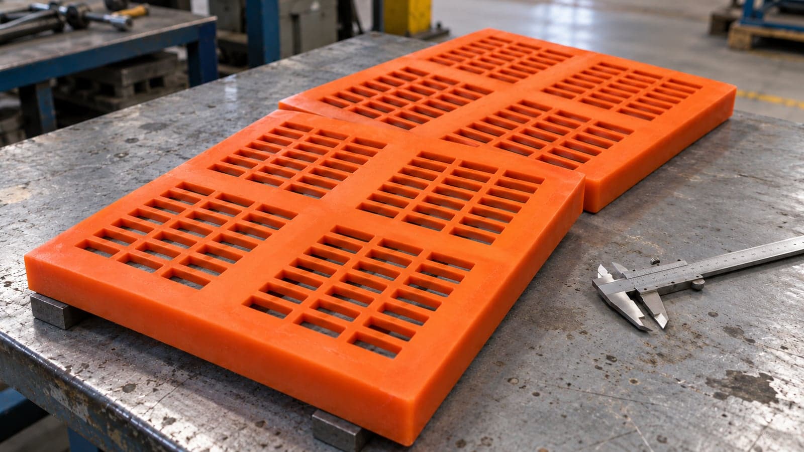 Orange polyurethane screening panels with through-slots on a steel inspection bench beside a vernier caliper.